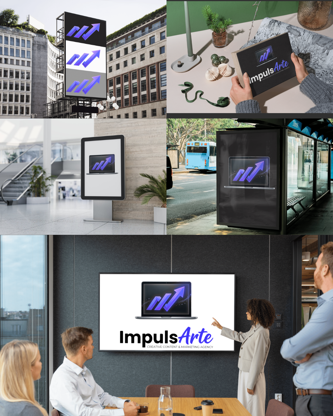 Aplicaciones de identidad ImpulsArte en espacios, publicidad y presentaciones